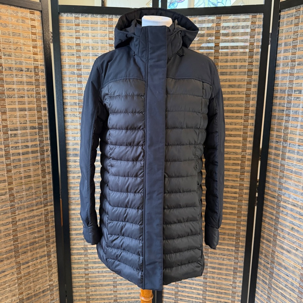 Lands' End Down Parka Women Medium 10-12 Black Quilted Hooded Winter Coat 519036